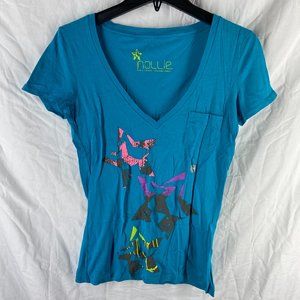 Nollie Blue Teal V-Neck Graphic T-Shirt Size M